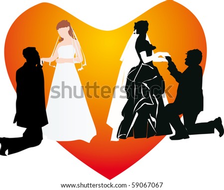 stock vector illustration with two wedding couples silhouette isolated on
