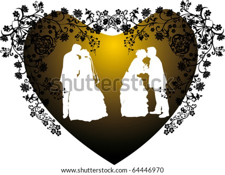 stock vector illustration with two wedding couples silhouette in heart