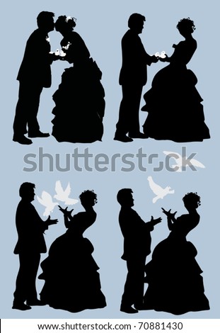 stock vector collection with wedding couples with pigeons