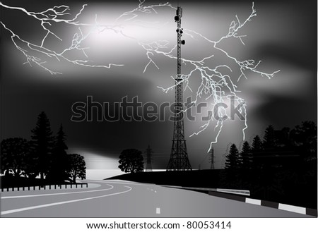 illustration with high-voltage tower at thunderstorm