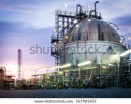 sphere gas storages in petrochemical plant at dawn ,sunrise