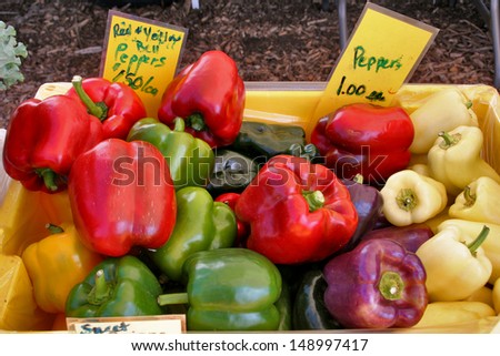 A colorful bin of mixed peppers for sale at a farmer\'s market produce stand.
