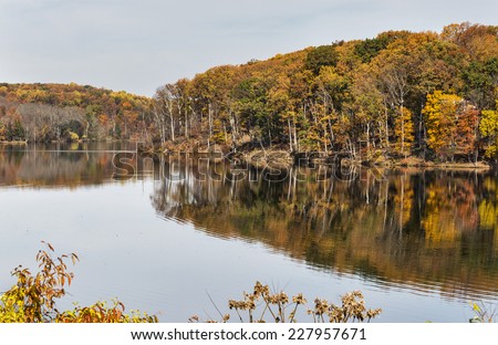 Autumn landscape with reflections in lake.  Room for copy space.