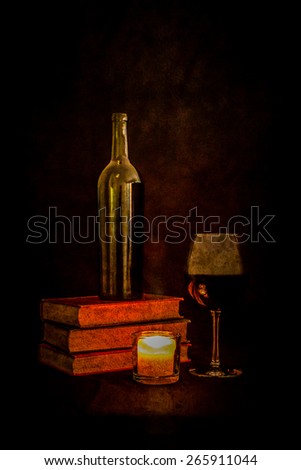 A glass of red wine and a bottle of wine sit beside a pile of classic novels. The scene is lit by candlelight. Photo is made to look almost like a painting.