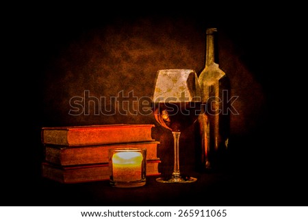 A glass of red wine and a bottle of wine sit beside a pile of classic novels. The scene is lit by candlelight. Photo is made to look almost like a painting.