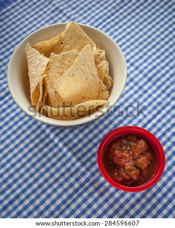 A bowl of corn tortilla chips sit beside a red bowl of salsa on a blue and white checkered tablecloth