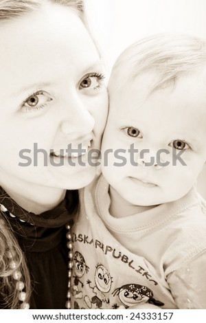 little boy with mom isolated on white