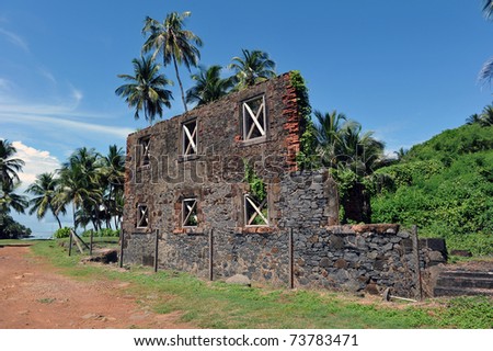 Ruins of the workshop on isle Royale, French Guiana. In this building, manual work had been carried on by the prisoners in order to make tools as well as anything else useful to the penal colony.