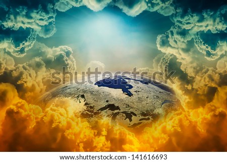 Planet earth in space with sun and clouds. Elements of this image furnished by NASA.