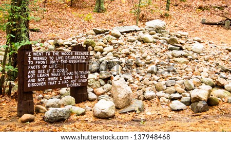 This National Historic Landmark is the site of Henry David Thoreau's original cabin along Walden Pond in Concord, MA. Visitors traditionally leave a rock on the site to honor Thoreau.