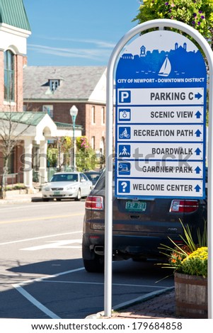 Newport, Vermont, USA - September 18, 2013: The municipal welcome sign on Main Street helps visitors find their way on this clear autumn day.