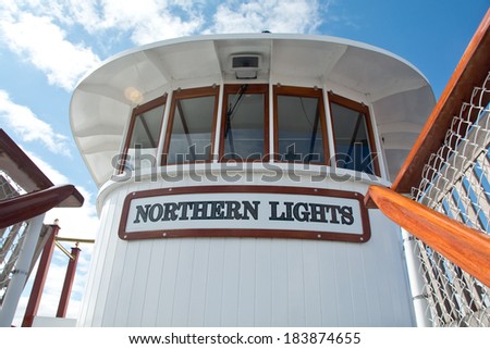 Burlington, VT, USA - September 28, 2013: Windows from the pilot house of the ship Northern Lights provide panoramic views over Lake Champlain.