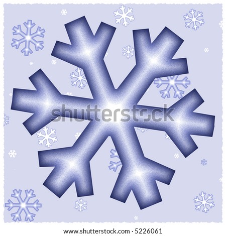 Graphic illustration of different sized snowflakes against blue background with snow border.