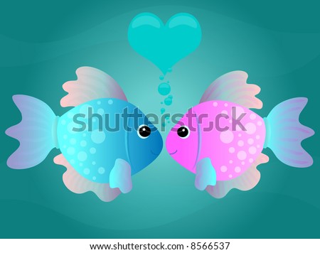 stock photo : Two cartoon fish kissing in an underwater scene with love 