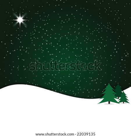 Graphic illustration of winter snow scene against dark green gradient background.