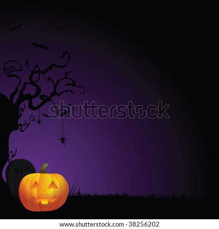 Spooky Halloween background with creepy tree, smiling pumpkin, and tombstone against purple and black gradient background.
