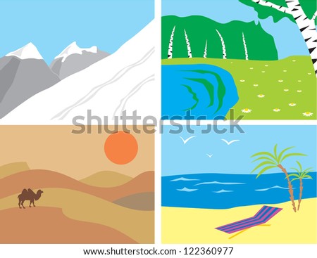 Landscapes in the primitive style: the mountains, the desert, the beach and the sea, forest and the lake