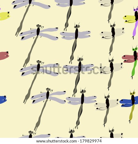 Collection of insects, fine colored dragonflies. Seamless pattern.