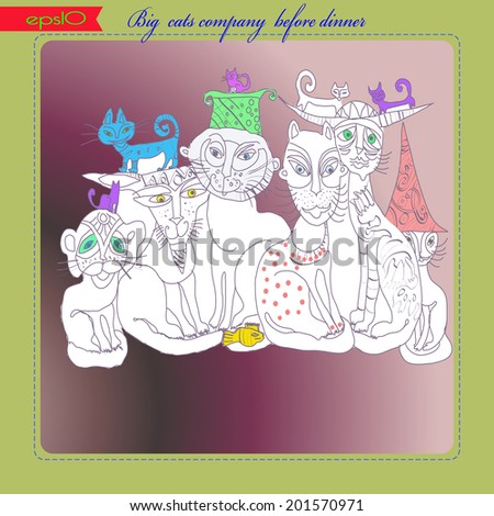 Transparent  card with cats big company expects dinner and text  on a gradient background.