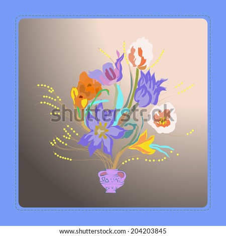 Transparent card with yellow crocuses and blue tulips on a gradient  rounded rectangle.