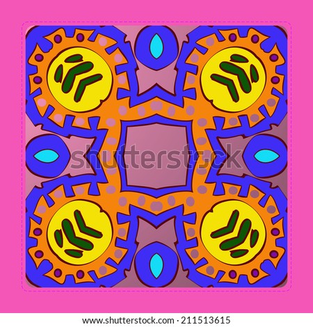 Card with abstract  circular  pattern of colored  floral motif  on a gradient rounded rectangle and pink frame. Handmade.Raster version.