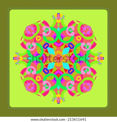 Card with circular ornament of multicolored shapes on the light green rounded rectangle. Raster version.