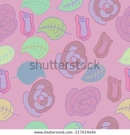Seamless pattern of colored pale roses and leaves, buds on a pale pink background. Handmade.Raster version.