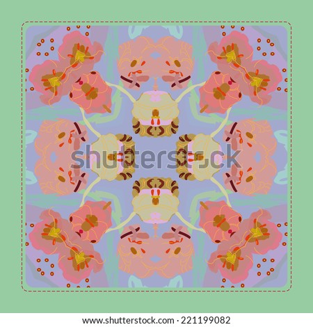 Card with circular pattern of pale  floral  motif and red tulips on a pale blue rounded rectangle. Raster version.