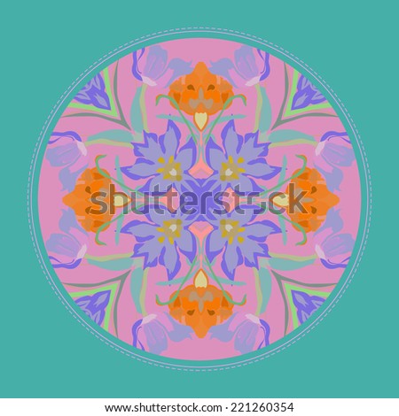 Card with circular pattern of  floral motif with tulips and leaves on a pale pink circle. Raster version.
