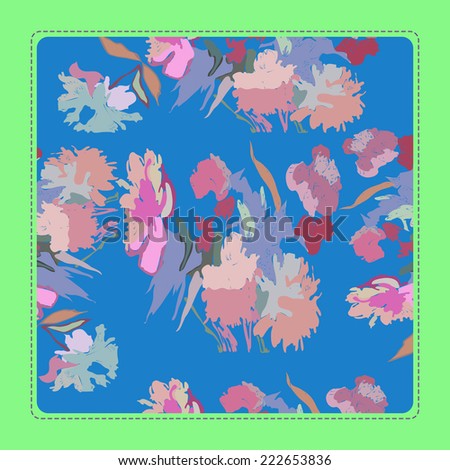 Card with floral pattern of peony flowers on a blue rounded rectangle. Handmade. Raster version.
