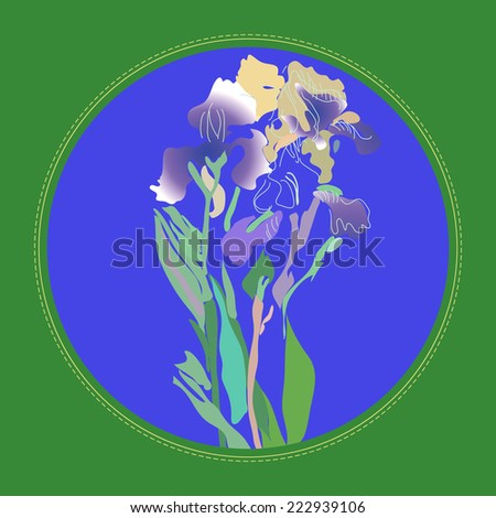 Card with delicate radiance irises in a blue circle.Handmade.Sketch from life.Raster version.