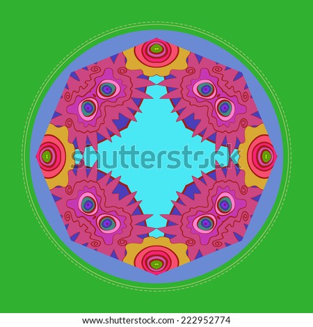 Card of circular pattern wit different pink flowers on a pale  blue circle.Handmade. Raster version.