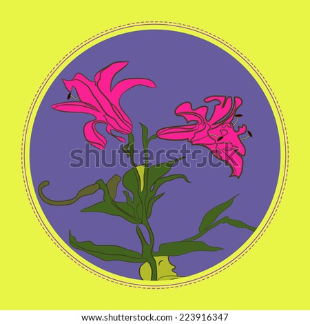 Card with branch of pink lily in a blue circle in a light yellow frame. Handmade. Raster version.