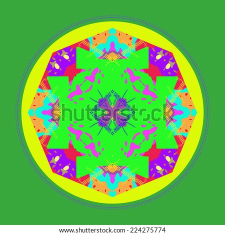 Card with circular floral pattern of colored spots, text in a yellow circle. Handmade. Raster version.
