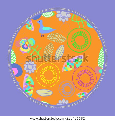 Card with pattern from colored abstract shapes,blue birds, floral motifs, twigs on an orange  circle. Raster version.