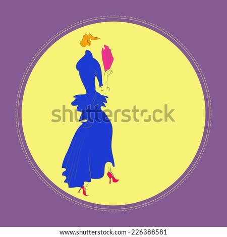 Card with redhead girl in a blue dress with a fan in a circle. Silhouette, handmade.