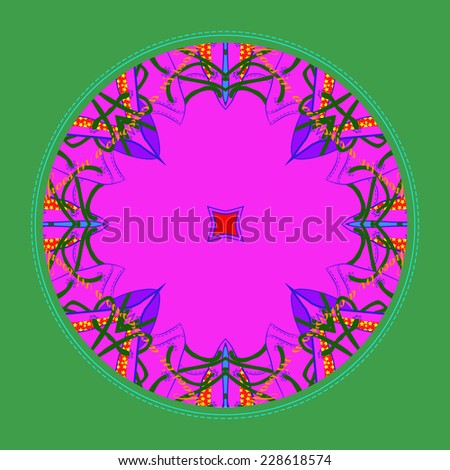 Card with circular  pattern of abstract motif,ornament,  text   on a pink circle.