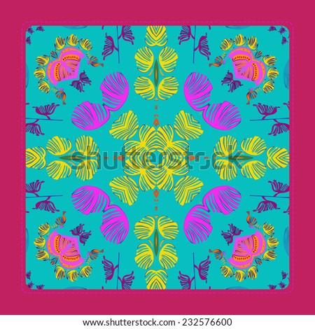 Card with circular  pattern  of floral motifs, star in an azure rounded rectangle. Handmade.