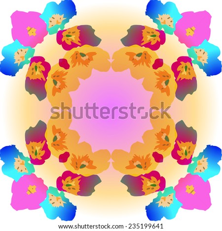 Transparent circular pattern of colored flowers on a light gradient  background. Handmade.