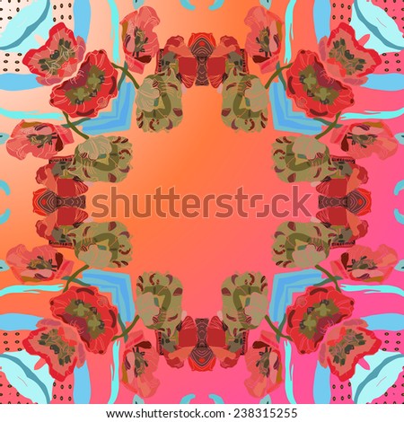 Circular   pattern of colored floral motif, flowers, tulips on a gradient  background. Handmade.