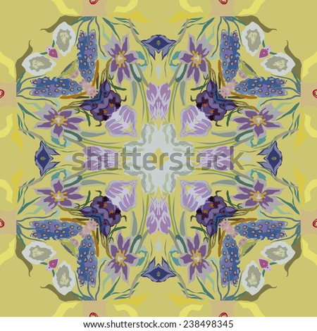 Circular seamless  pattern of colored floral motif,flowers,tulips, crocuses on a pale yellow background. Handmade.