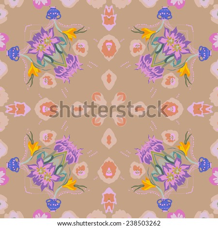 Circular seamless  pattern of colored floral motif, flowers, crocuses on a pale orange background. Handmade.