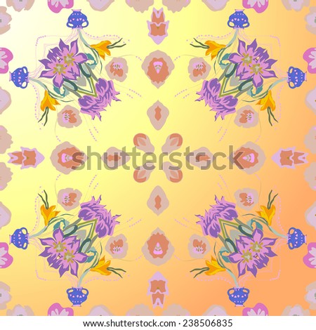 Circular   pattern of colored floral motif, flowers, crocuses on a light gradient  background. Handmade.