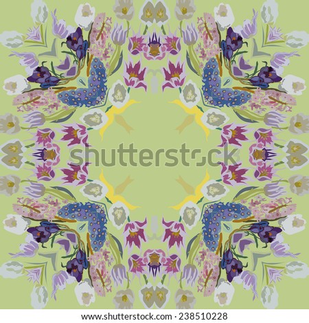 Circular seamless  pattern of colored floral motif,flowers,tulips, crocuses on a pale green background. Handmade.