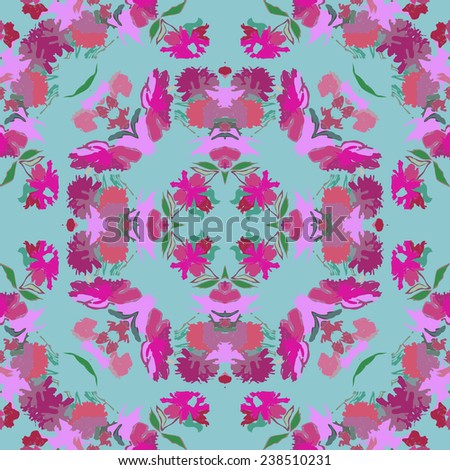 Circular seamless  pattern of colored floral motif,flowers, peonies on a pale azure background. Handmade.