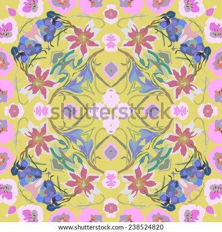 Circular seamless  pattern of colored floral motif, flowers, tulips, crocuses on a pale yellow background. Handmade.