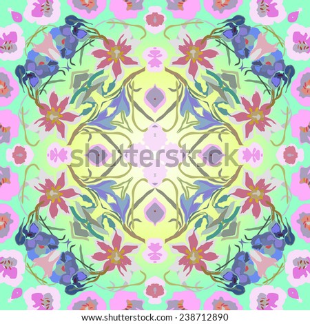 Circular seamless  pattern of colored floral motif, flowers, tulips, crocuses on a gradient  background. Handmade.
