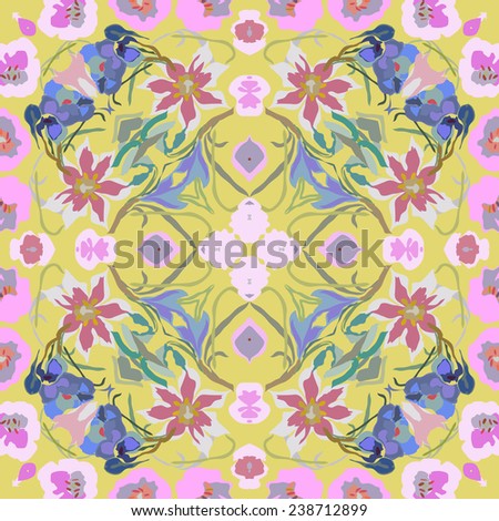 Circular seamless  pattern of colored floral motif, flowers, tulips, crocuses on a pale yellow background. Handmade.