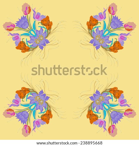 Circular seamless  pattern of colored floral motif, flowers,tulips, crocuses on a light yellow  background. Handmade.