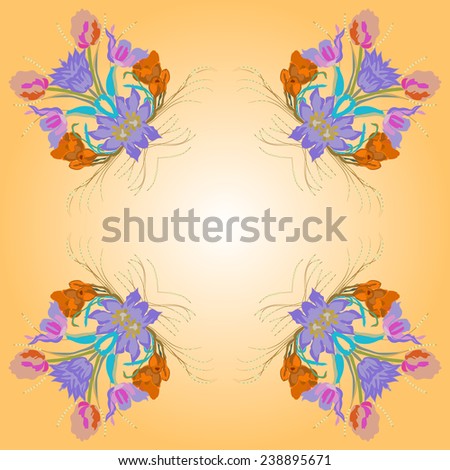 Circular seamless  pattern of colored floral motif, flowers,tulips, crocuses on a gradient  background. Handmade.